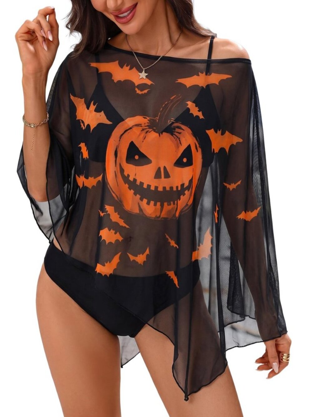 Women's Mesh Cover Ups Floral Print Off the Shoulder Poncho Tops